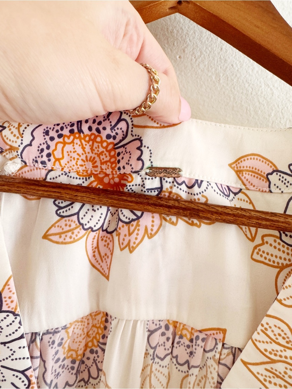 Free People Ivory Floral Tie-Front Blouse with Orange, Pink, & Blue Accents XS - Picture 2 of 4